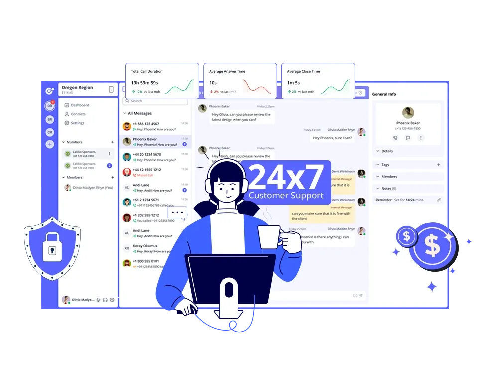 Illustration of Calilio's 857 virtual phone service features on a laptop, highlighting call management, messaging, and call metrics