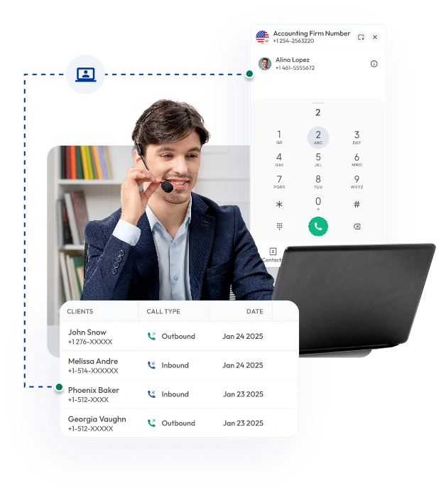 A call center agent with a headset working on a laptop, with a VoIP dialer and client call log for an accounting firm shown on screen