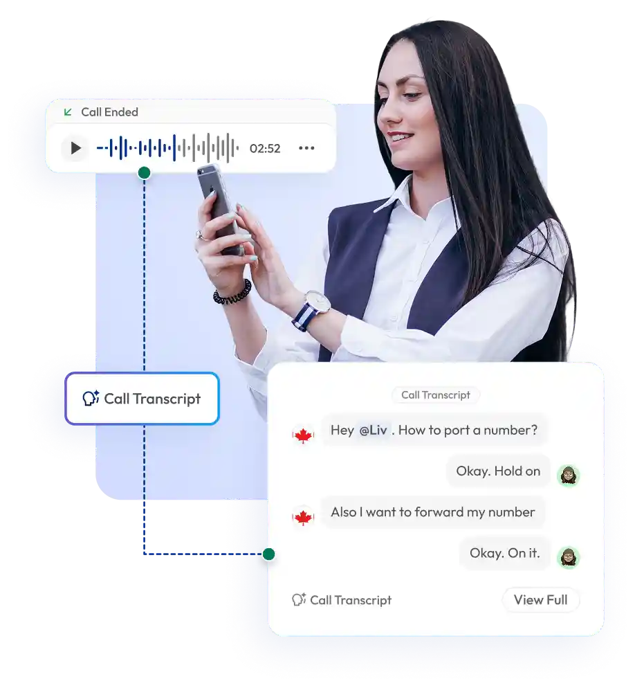 a woman checking her phone with visual elements of a call recording and transcript interface