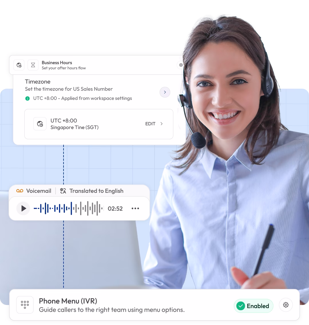 a girl with headphones and side banners of business hour, voicemail and ivr shown