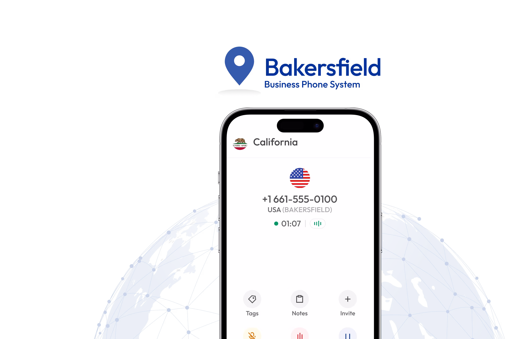 bakersfield business phone system interface on smartphone with global network background