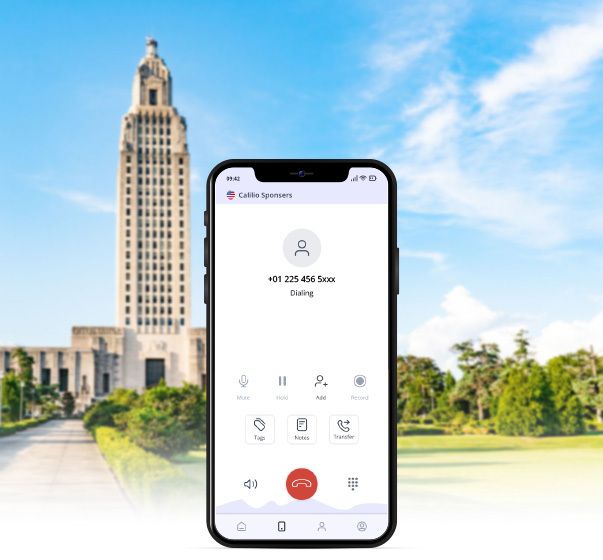 Louisiana State Capitol Building in background with a smart phone dialing 225 area code number