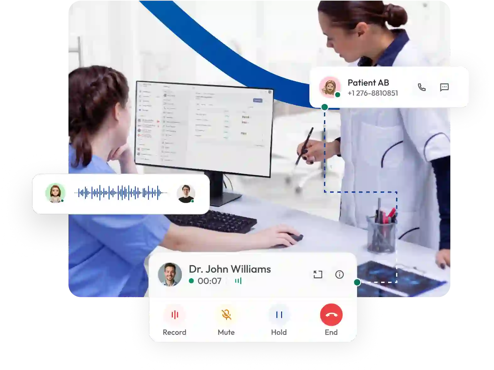 Healthcare workers using Calilio medical communication platform with voice call recording and patient management features