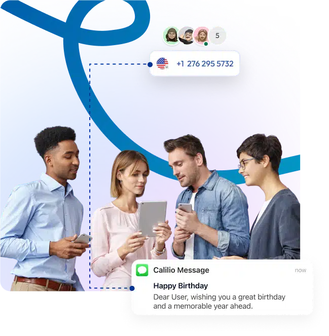 Four people using smartphones with Calilio app showing group call and messaging features