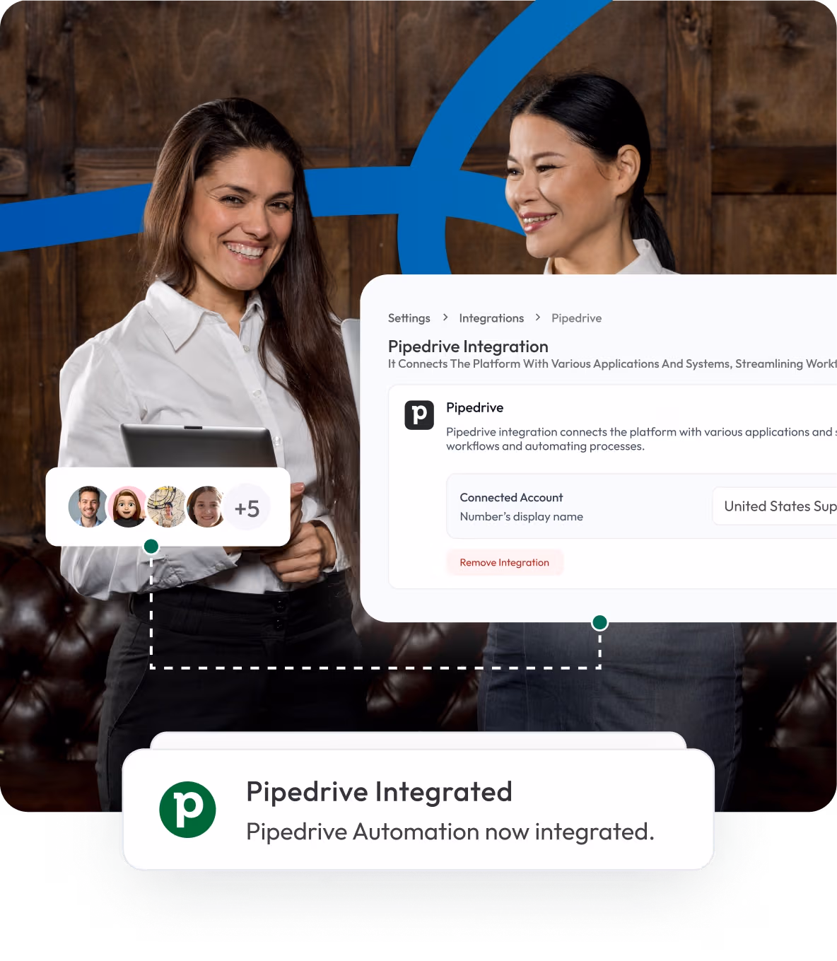 two professionals smiling in an office, with a sidebar listing associated team members and roles
