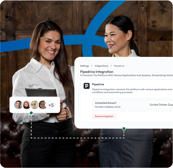 two professionals smiling in an office, with a sidebar listing associated team members and roles