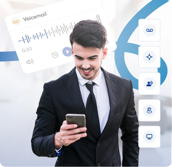Businessman in suit using voicemail app on smartphone with audio waveform and feature icons
