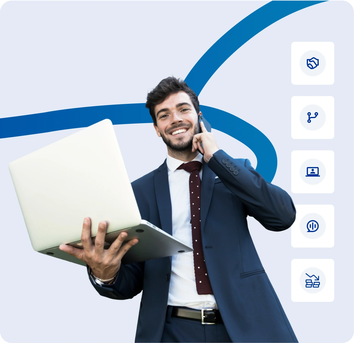 smiling businessman holding laptop and talking on phone with business icons