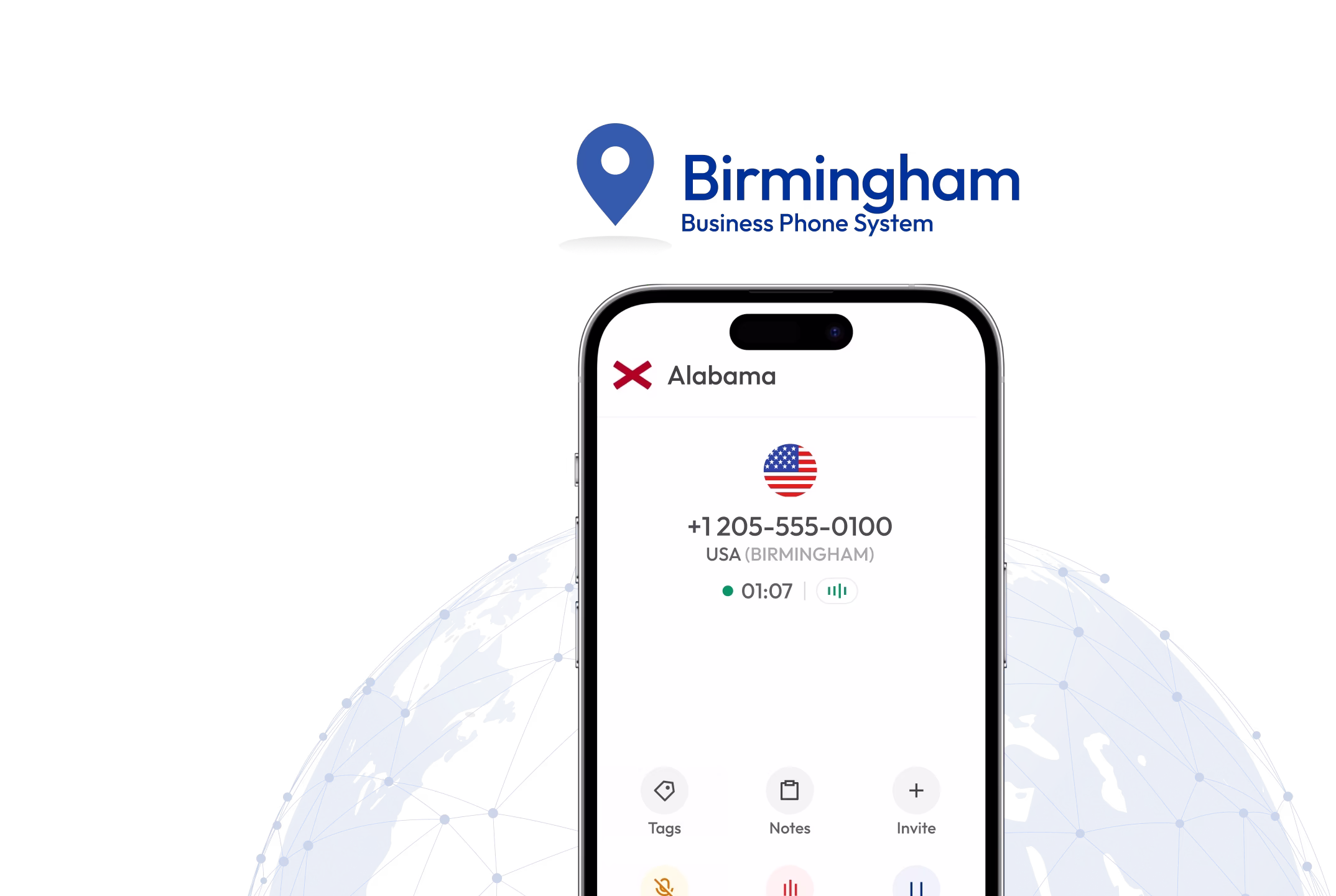 birmingham phone number in mobile screen with a globe in background