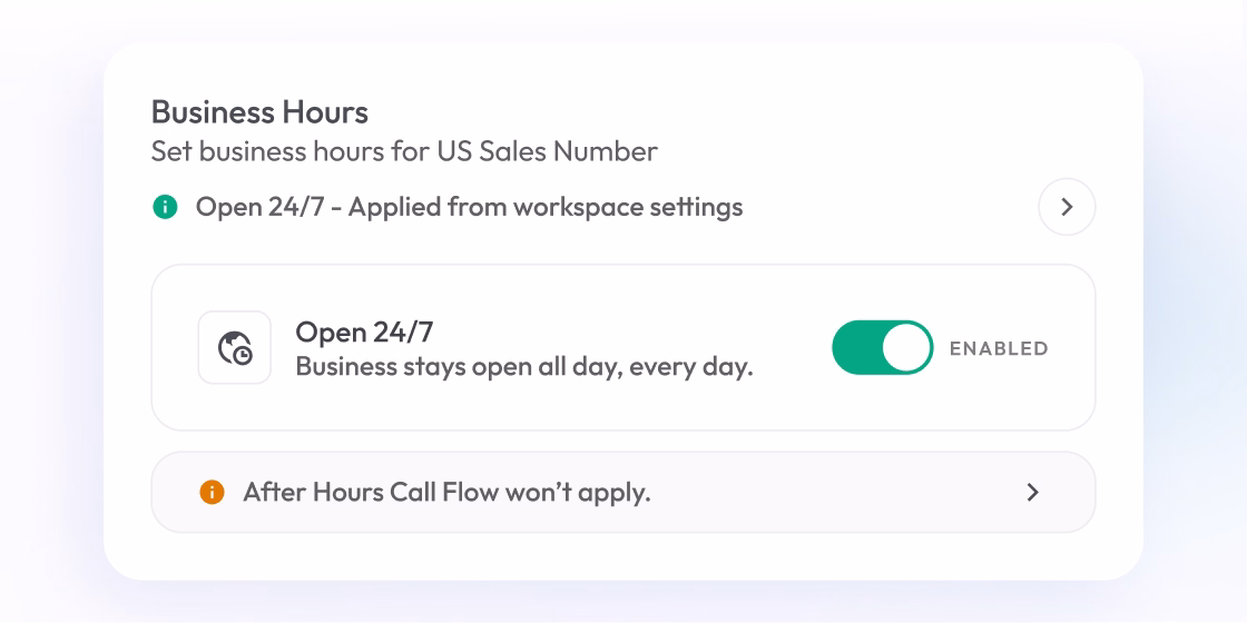 Business hours settings with Open 24/7 toggle enabled