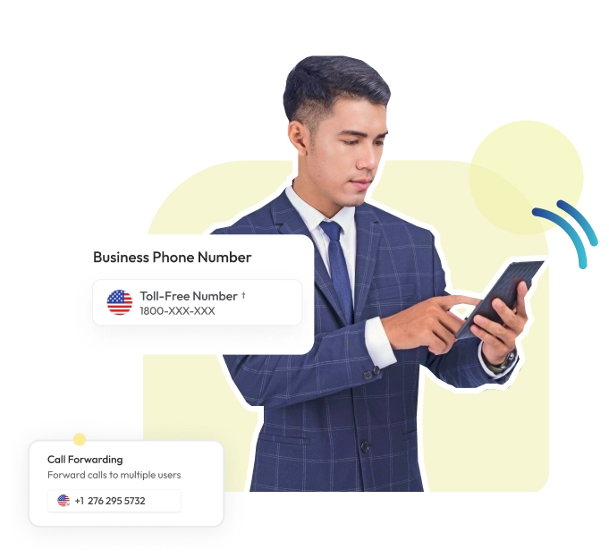 businessman in suit using smartphone with business phone service features including toll-free number and call forwarding displayed