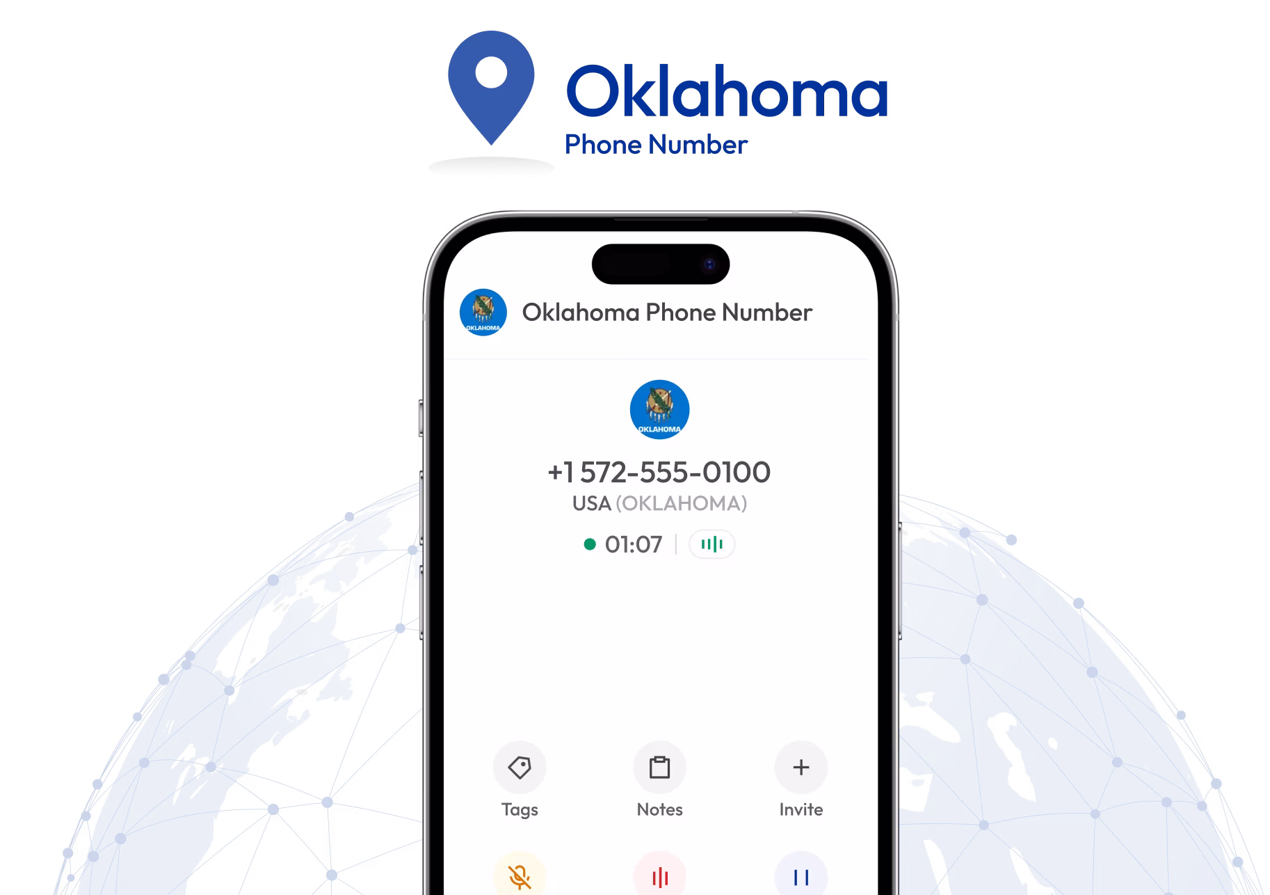 State map of Oklahoma marked for its different area codes with a mobile phone dialing 580 area code