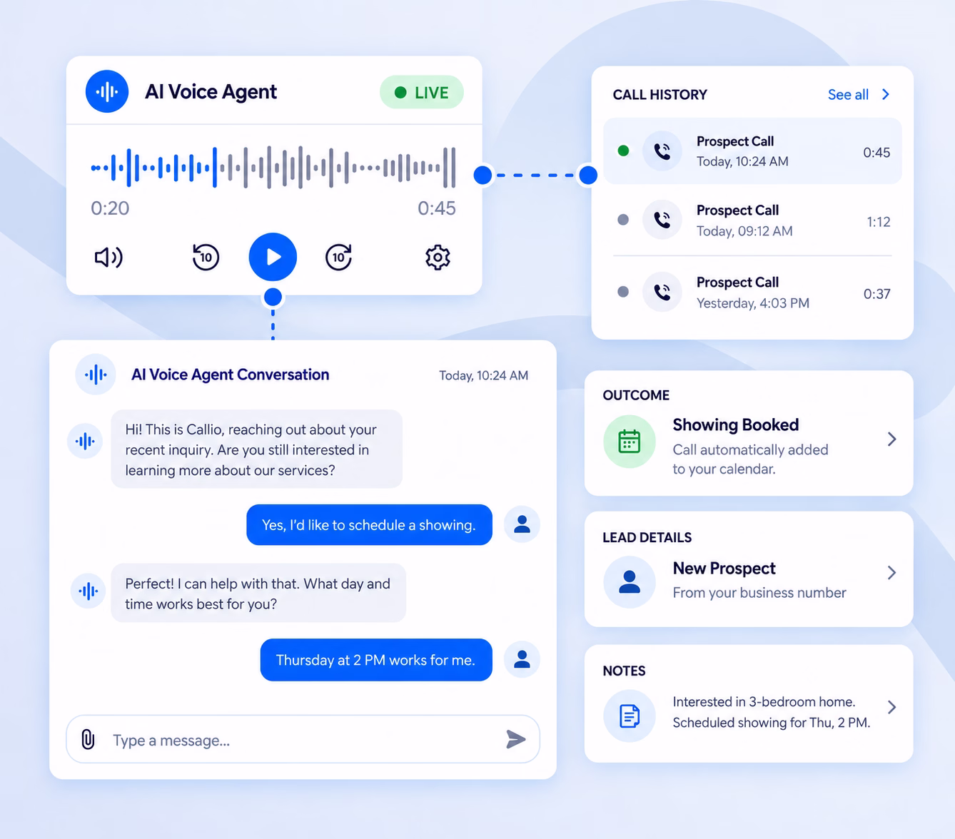 Calilio ai voice agent handling real estate lead callbacks