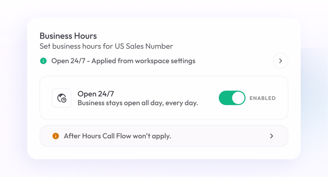 business hours settings enabled for us sales number