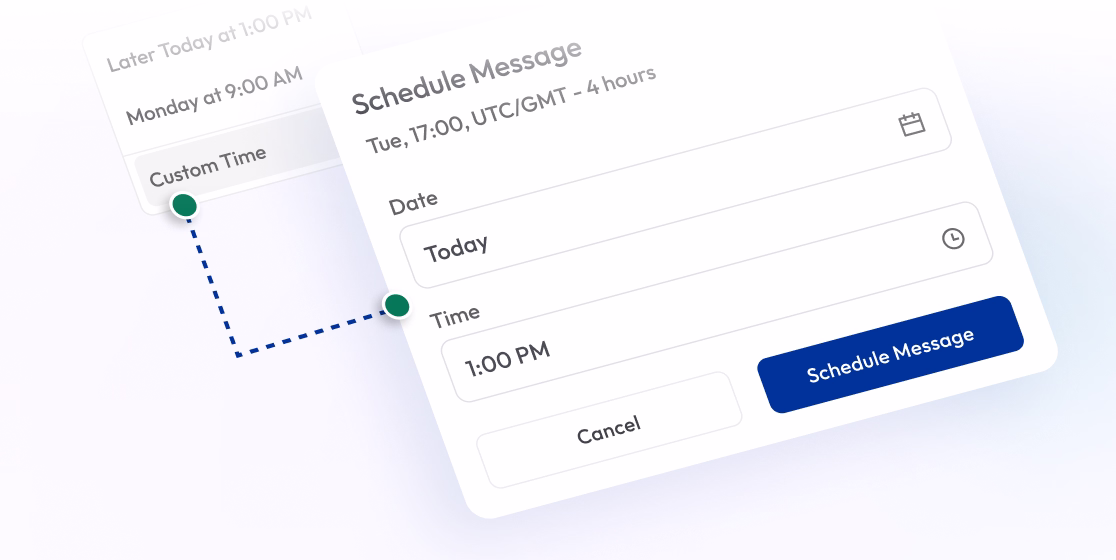 SMS scheduling interface with date, time picker and custom timezone
