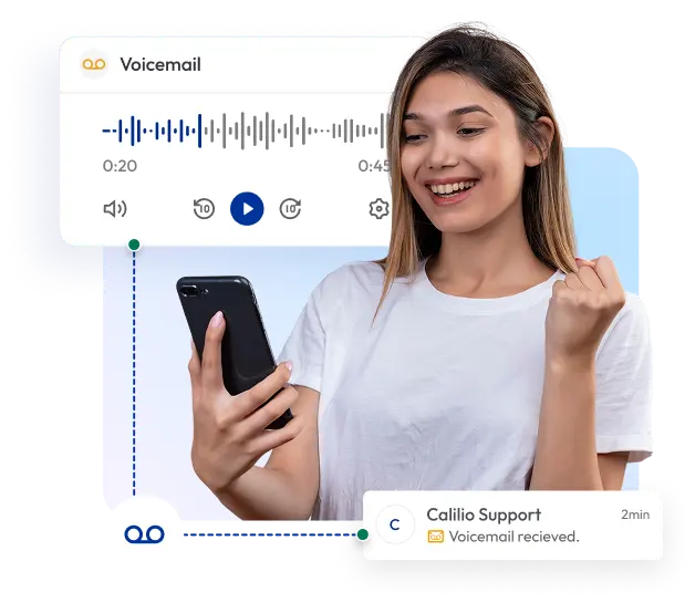 Woman listening to voicemail on smartphone with Calilio voicemail interface showing 20-second audio message