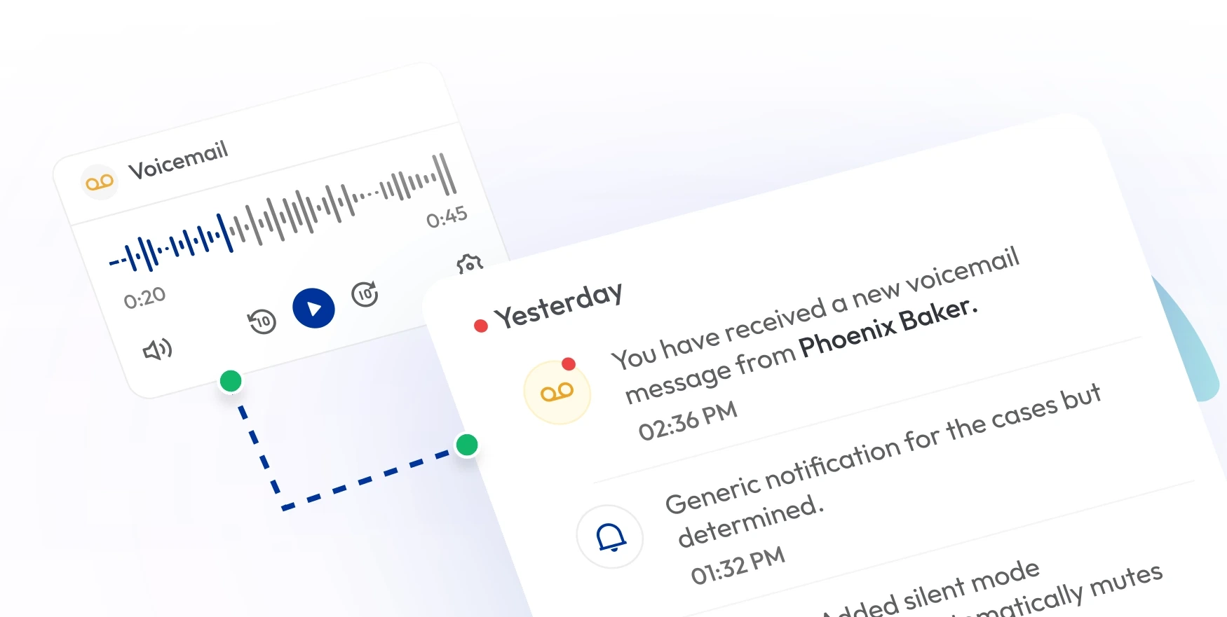 Voicemail app showing audio player and notification list with incoming messages from contacts