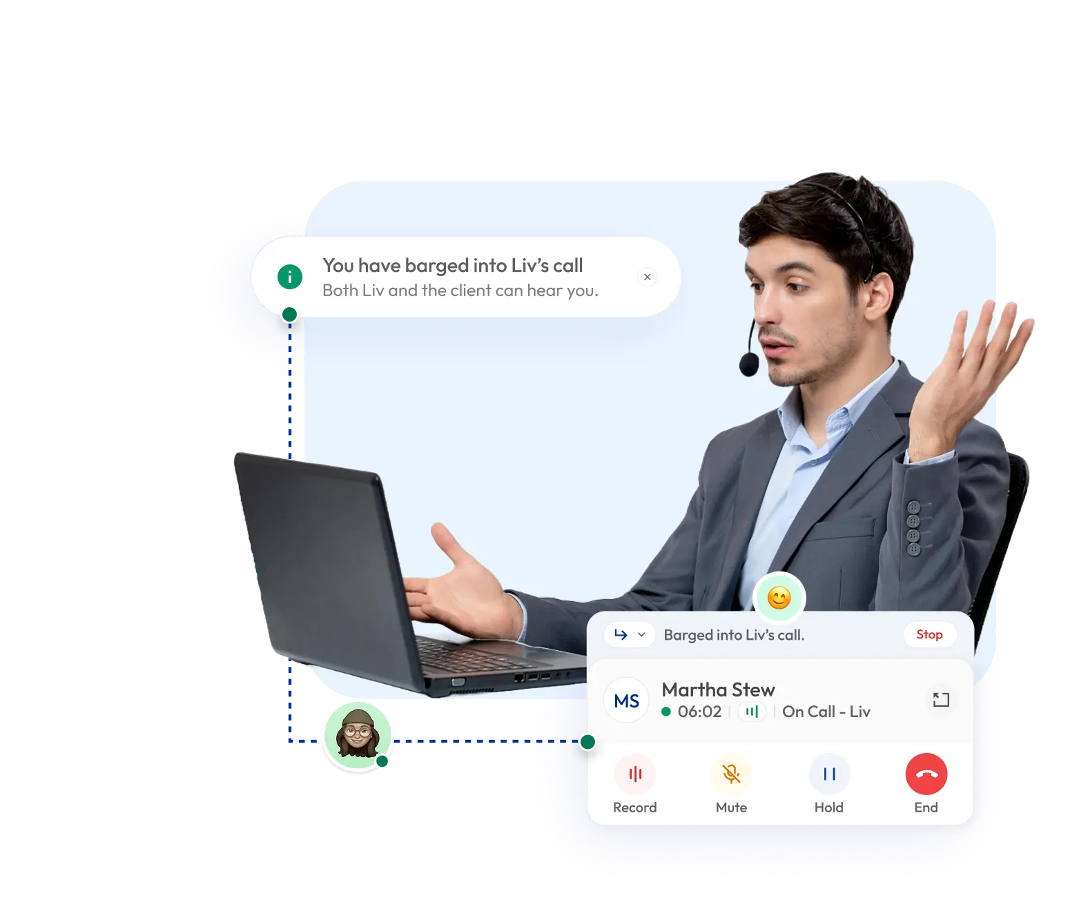 Supervisor barging into an ongoing customer call using Calilio call monitoring feature
