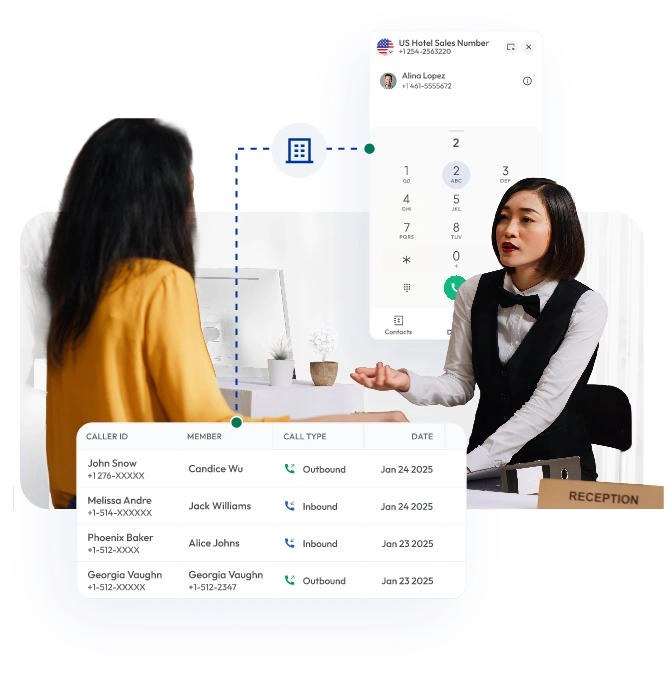 Hotel receptionist using VoIP phone system with guest call management dashboard showing caller ID and call history