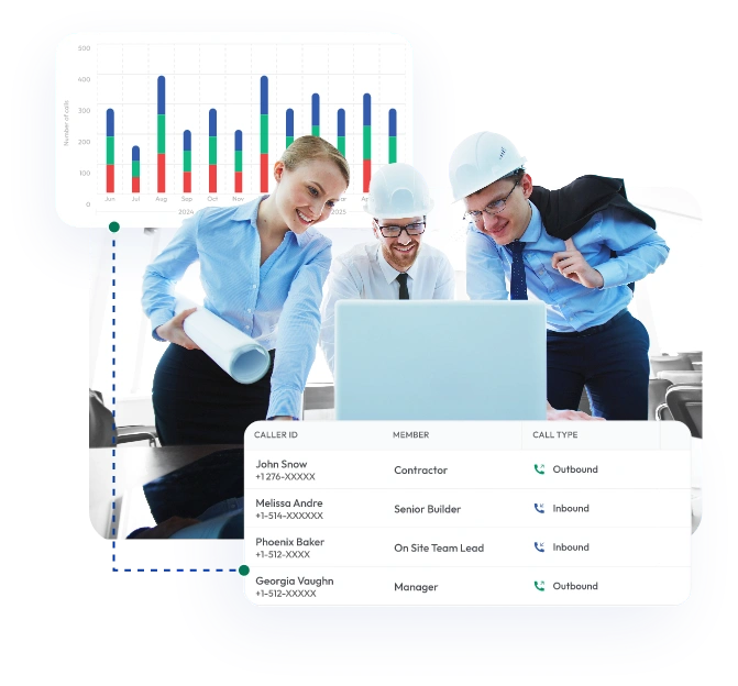 Construction management team analyzing call tracking system with contractor, builder, and site manager communication data