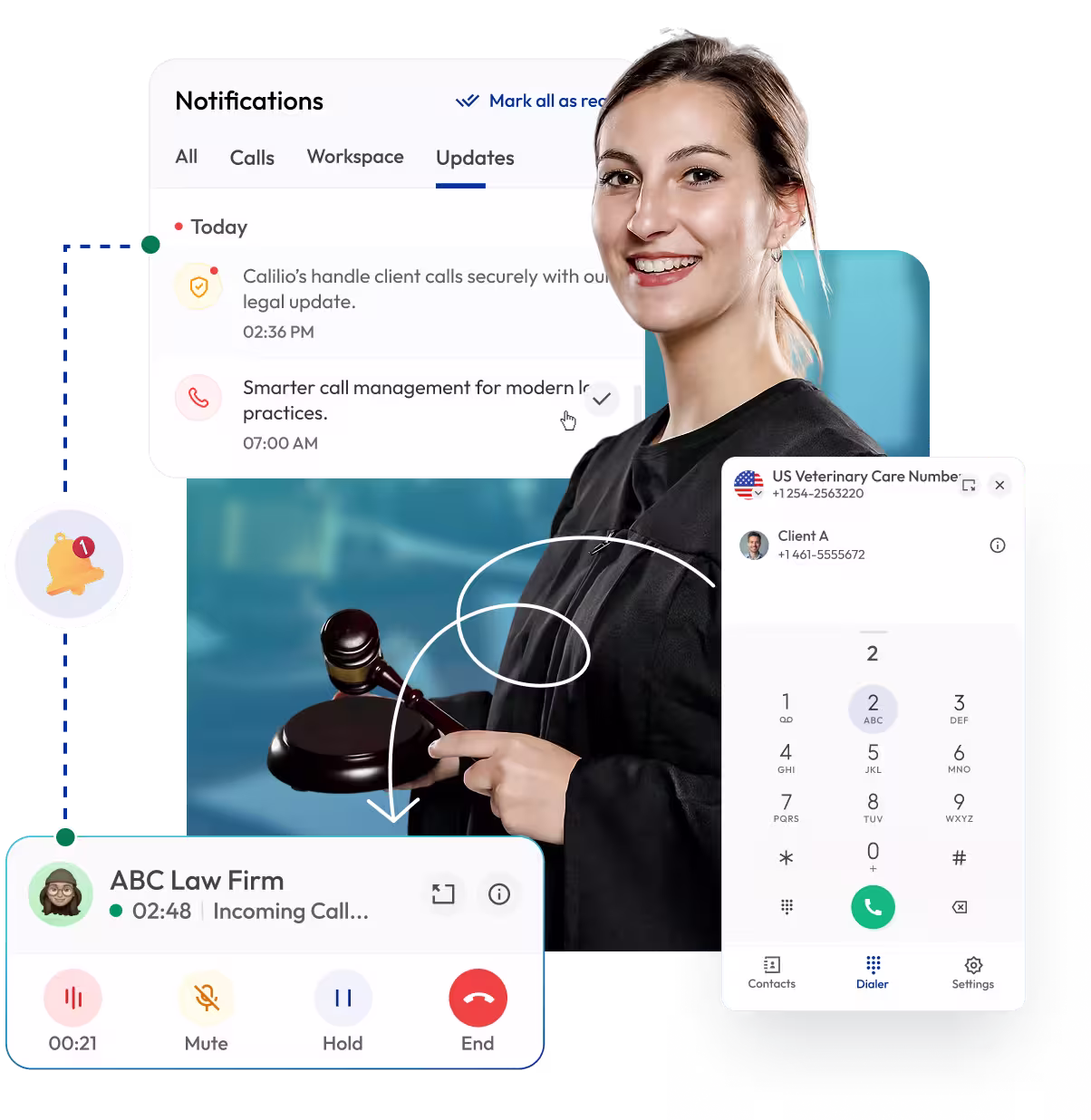 Cloud phone system for lawyers with incoming call notifications, dialpad, and client call management interface