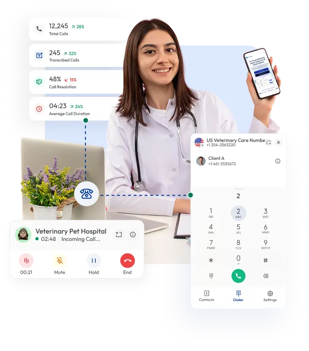 a smiling veterinarian or clinic staff member holding a smartphone, symbolizing the use of a digital phone system for veterinary care