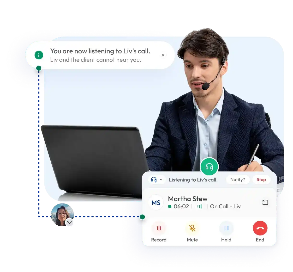 dashboard showing a monitored call of a man with a headset with visible call timer and live status indicator.