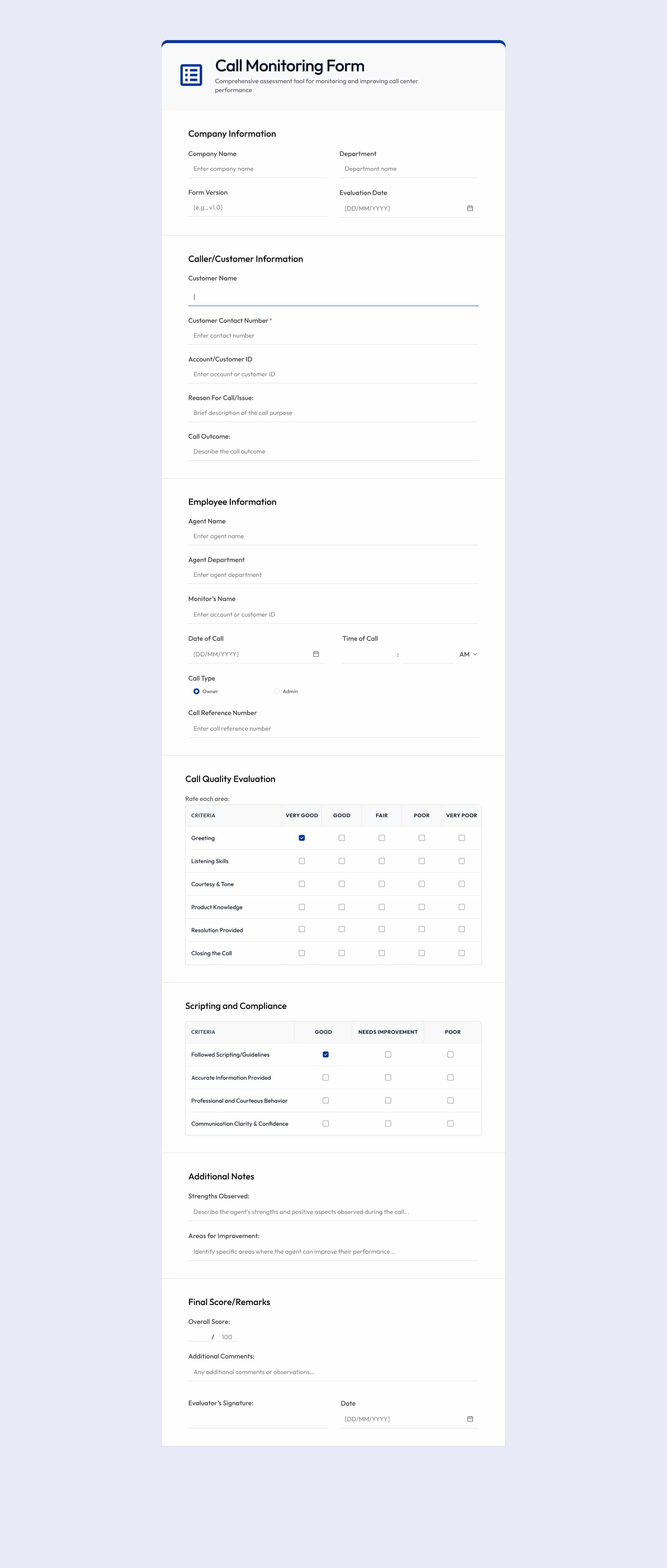 call monitoring form example