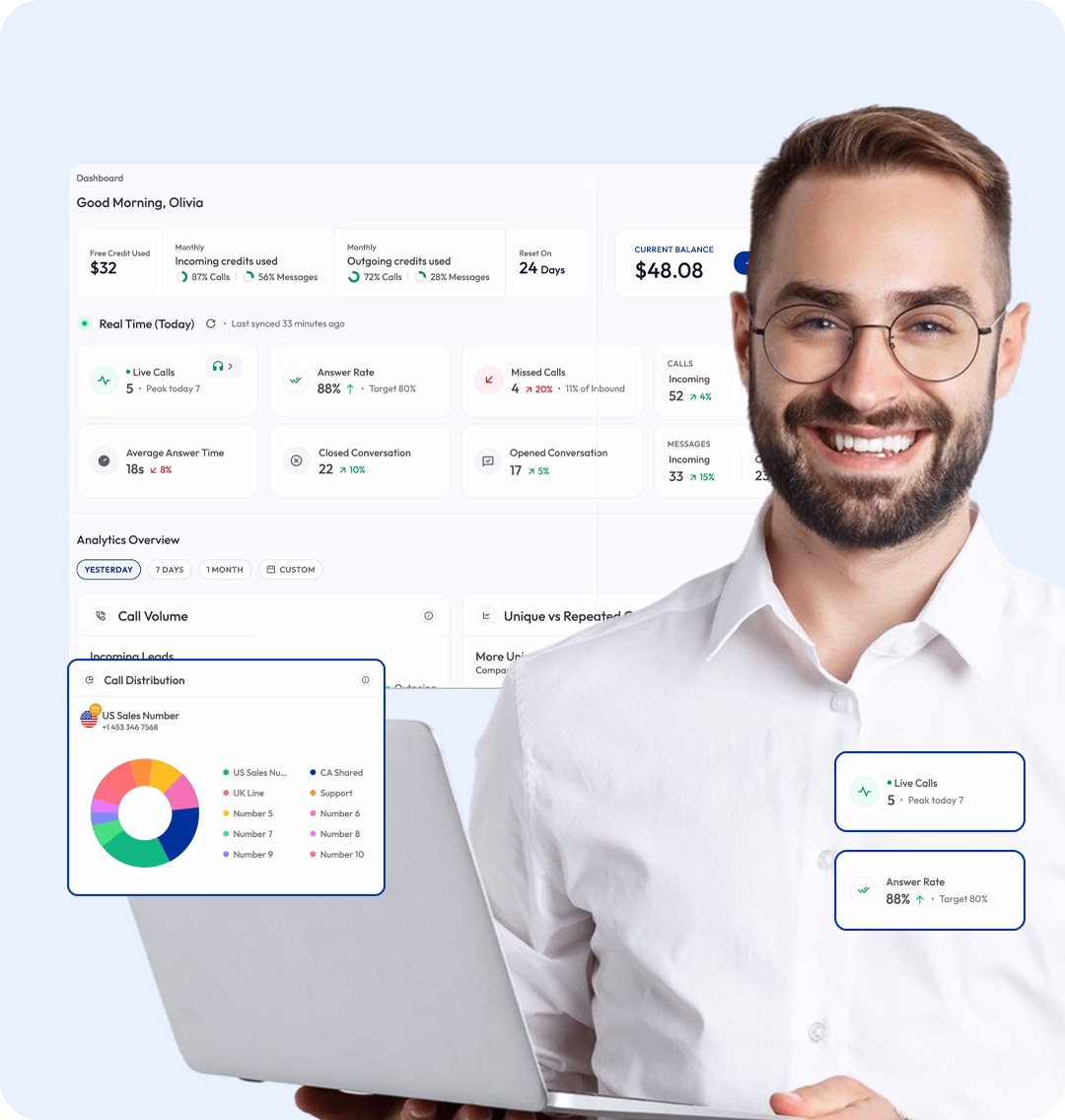 a man with glasses with a background where calilio interface is shown
