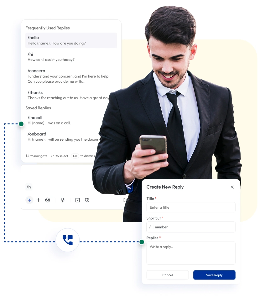 Customer service representative with headset, using chat interface displaying canned responses for efficient customer support.