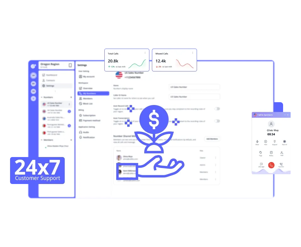 call management interface with featuring various settings