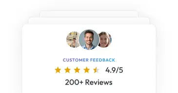 customer feedback section with 4.9/5 stars from 200+ reviews