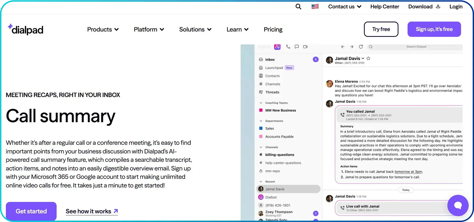 call summary feature page of dialpad