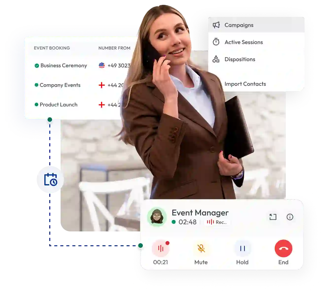business professional on call showing call interface dashboard options like campaigns and active sessions.