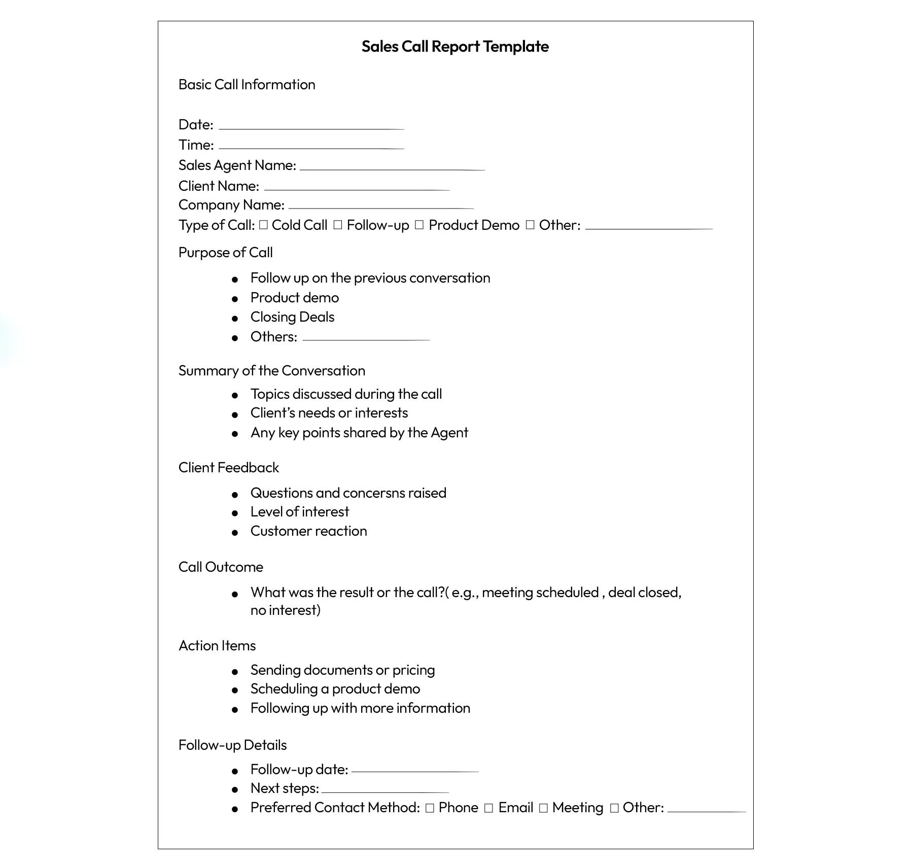 sales call report template examples