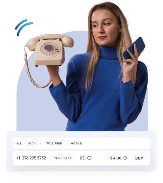 person holding a vintage rotary phone and a smartphone, with a toll-free number displayed below