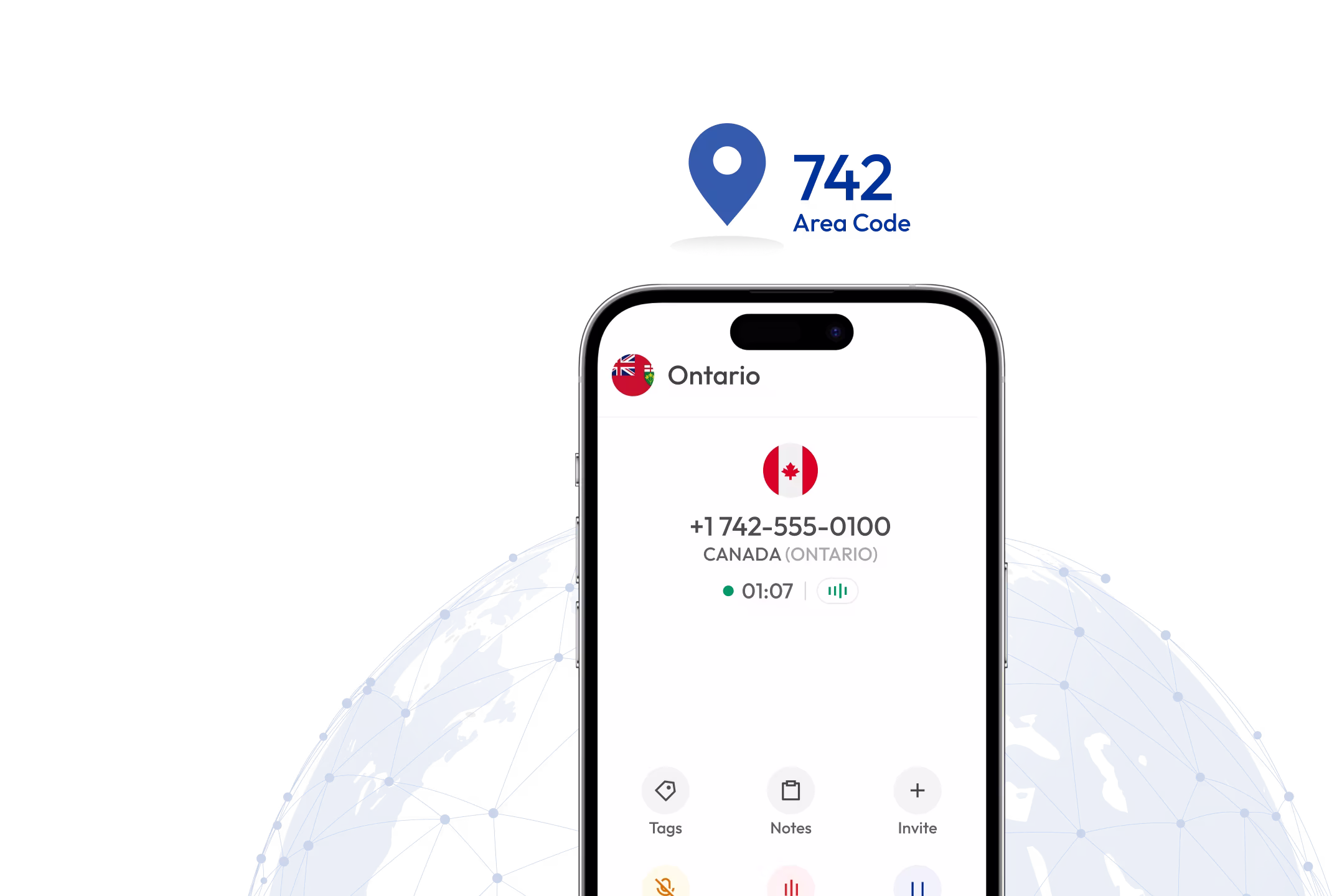 dialing interface of 742 area code in mobile with a globe in background