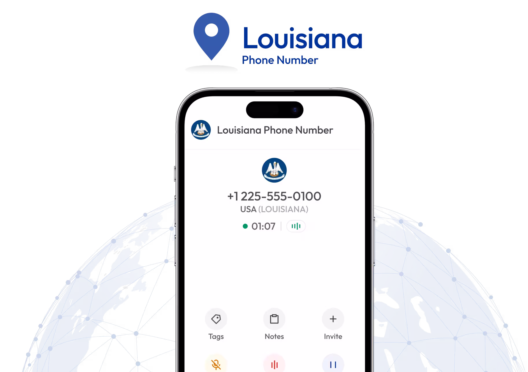state map of Louisiana with a smart phone dialing 225 area code phone number