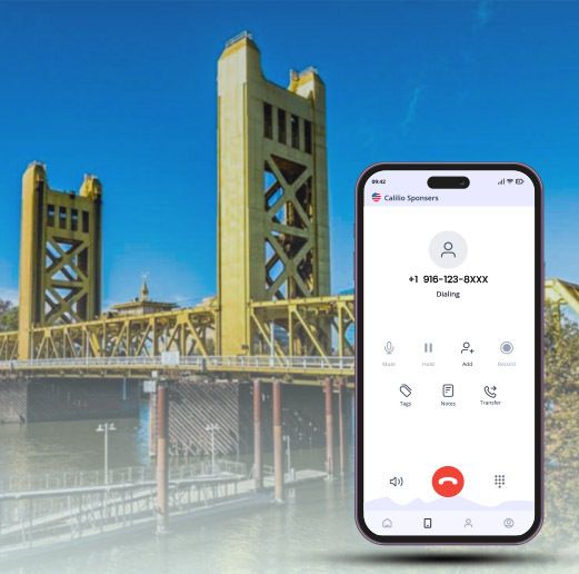 Tower Bridge - Sacramento in background and a mobile phone dialing 916 area code number