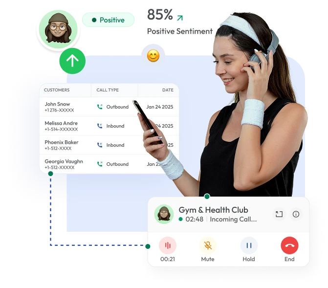 Woman in gym attire talking on phone while viewing call analytics with positive sentiment for a gym and health club