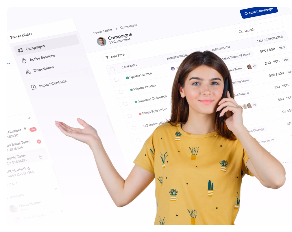 Woman on phone presenting power dialer features and campaign management