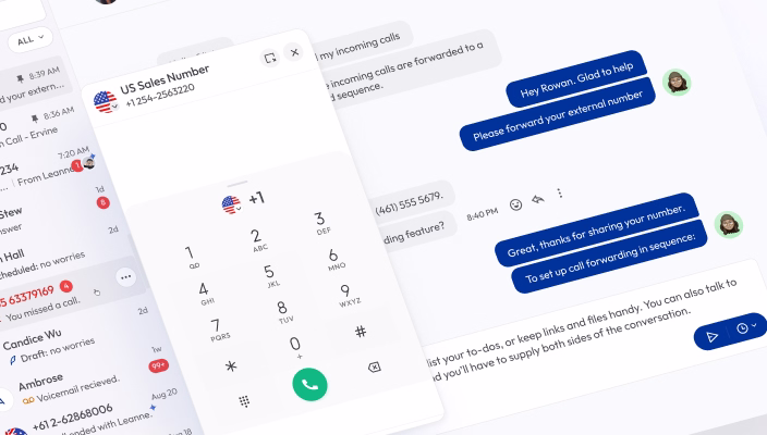 SMS messaging interface with dialer showing call forwarding conversation