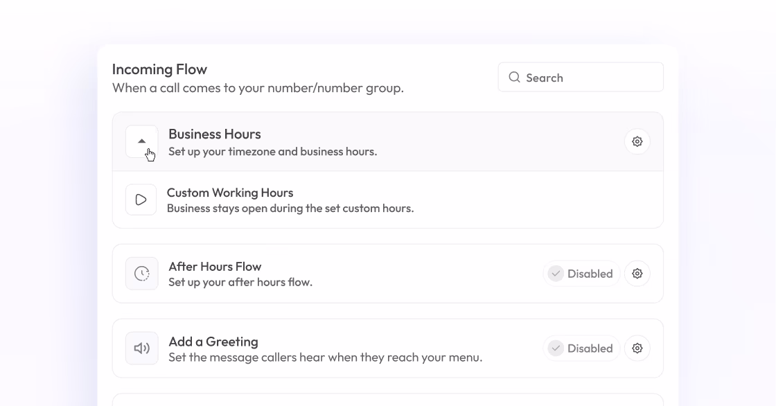 incoming flow on calilio along with business and working hours