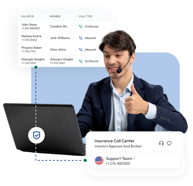 Professional call center representative wearing headset working on laptop with customer call log display