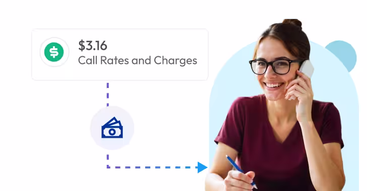 woman on phone with a call rates and charges tooltip and money icon