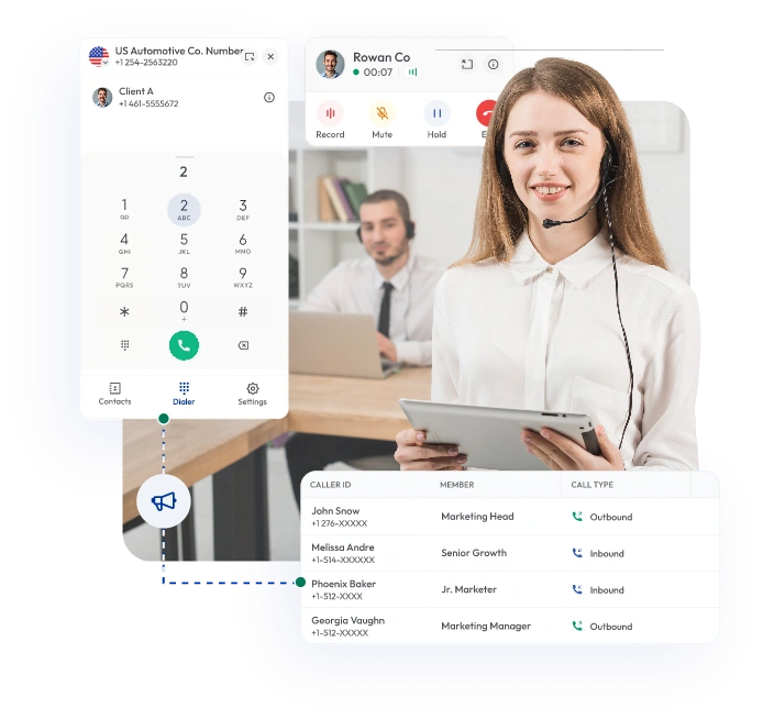 sales agent using call center software to handle inbound and outbound client calls with a visible dashboard showing caller details and team activity