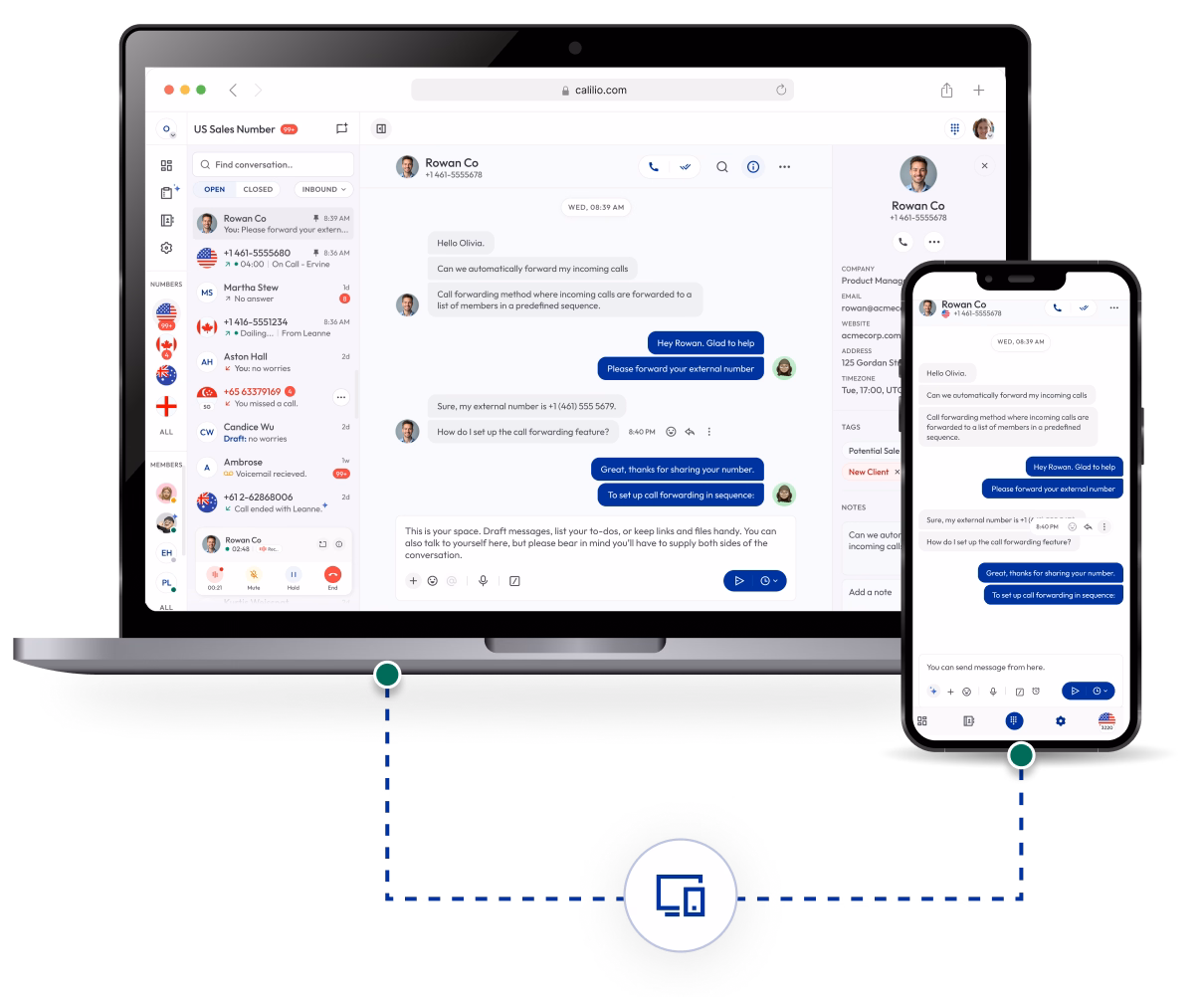 Dashboard showing a communication app interface on a laptop and smartphone