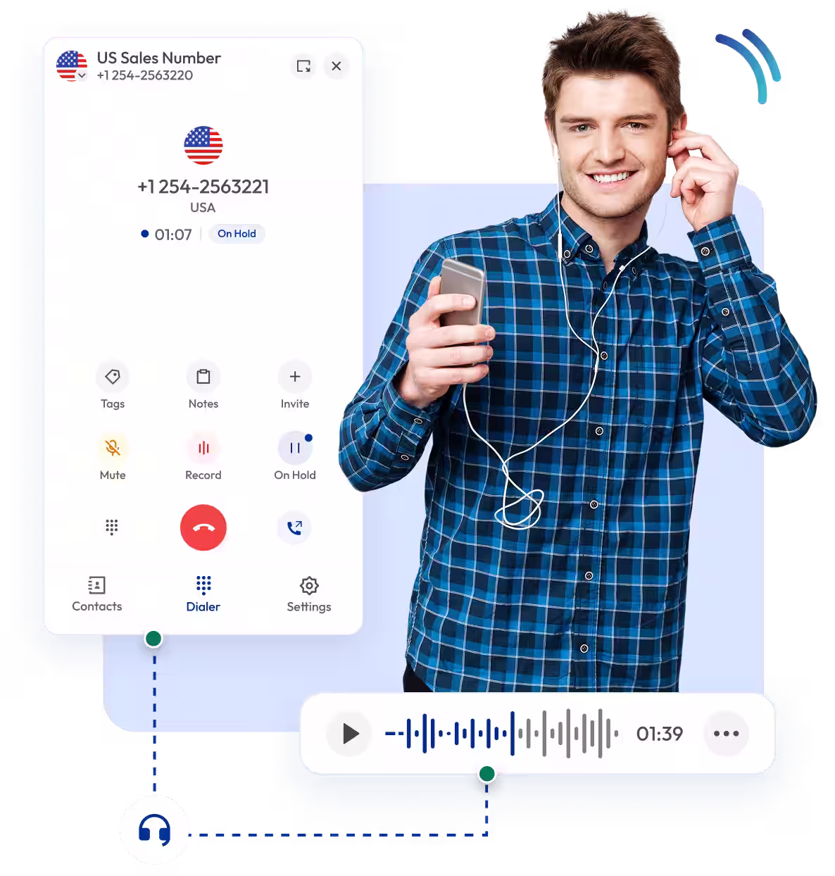 Person listening to hold music while a phone call interface shows the caller on hold