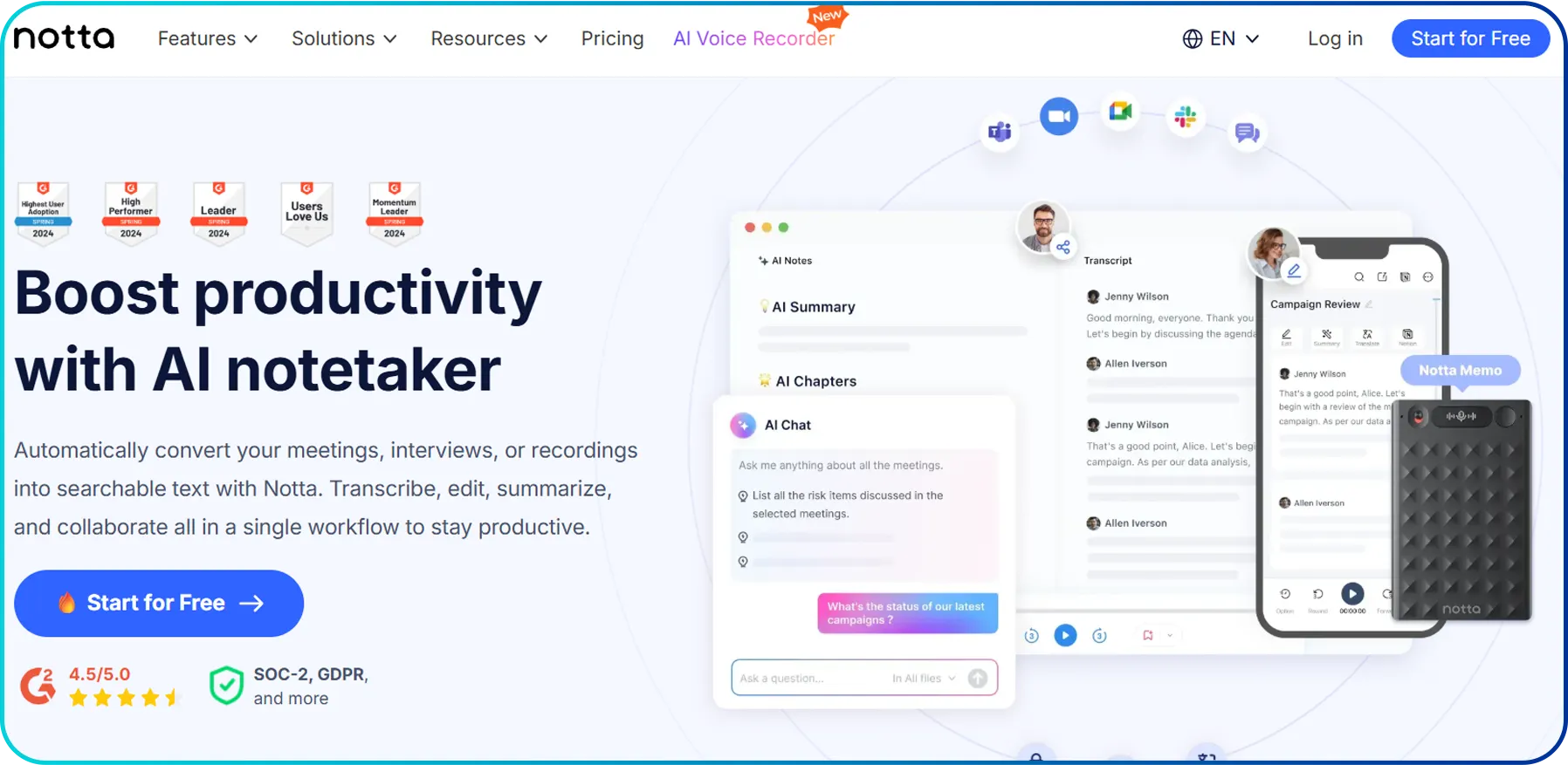 homepage of notta
