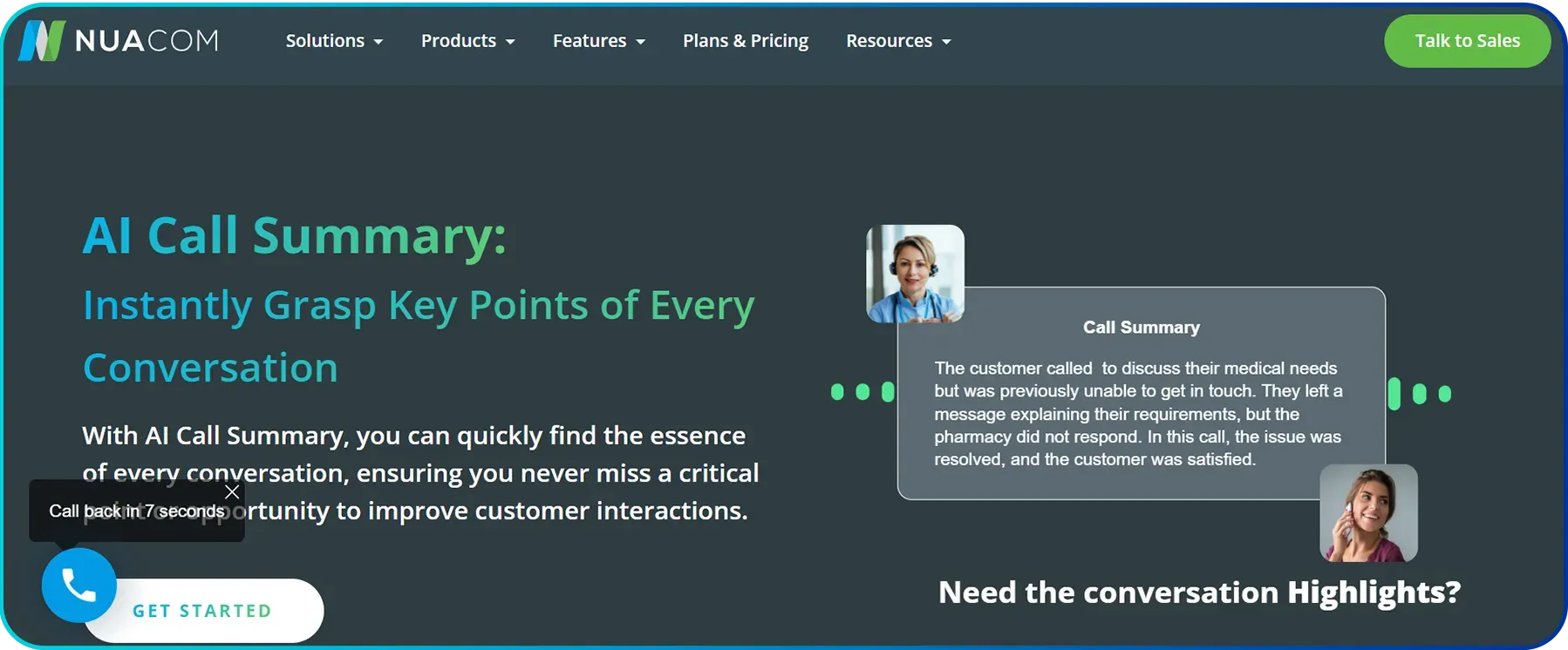 call summary feature page of nuacom
